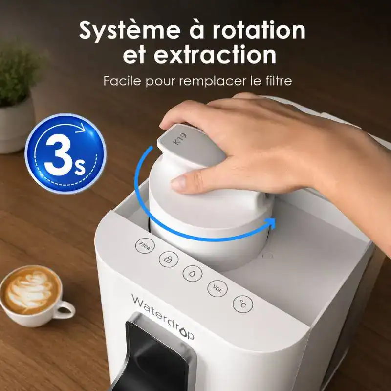 Syst&egrave;me &agrave; rotation et extraction facile pour filtre Waterdrop K19-HG.