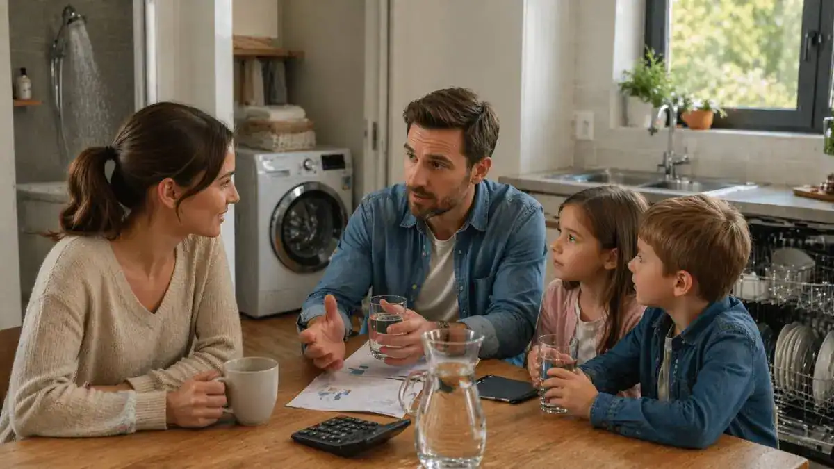 Famille évaluant sa consommation d'eau à la maison
