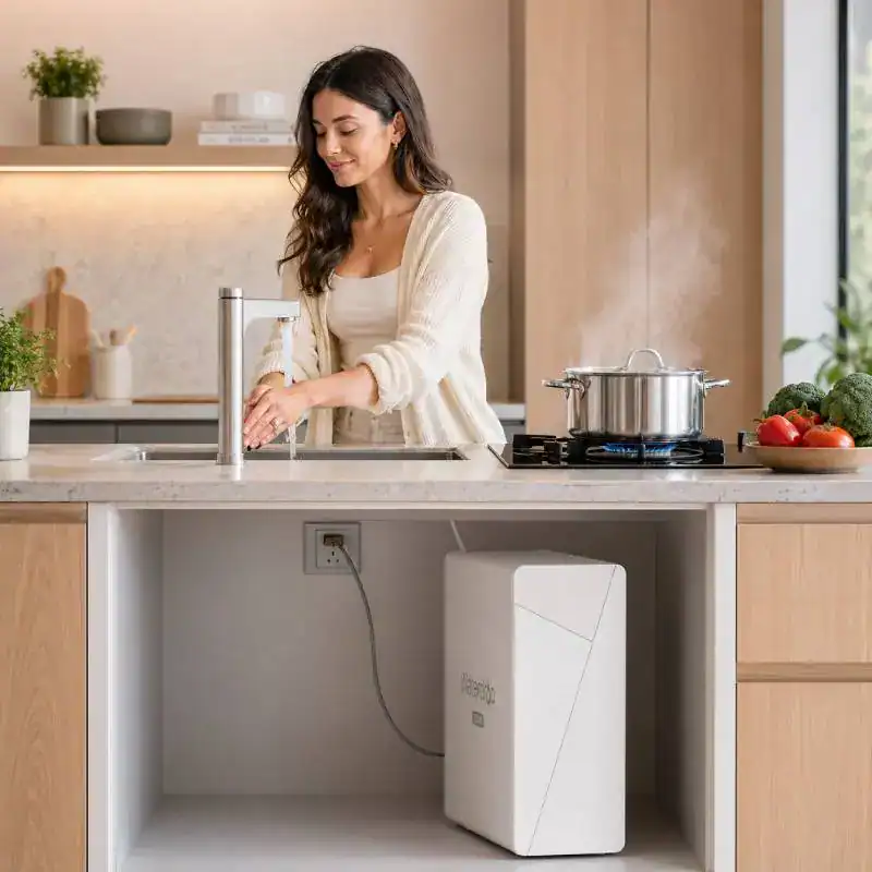 Filtre X12-F3 pour syst&egrave;me d'osmose inverse Waterdrop X12, installation dans une cuisine moderne, id&eacute;al pour purifier l'eau domestique.