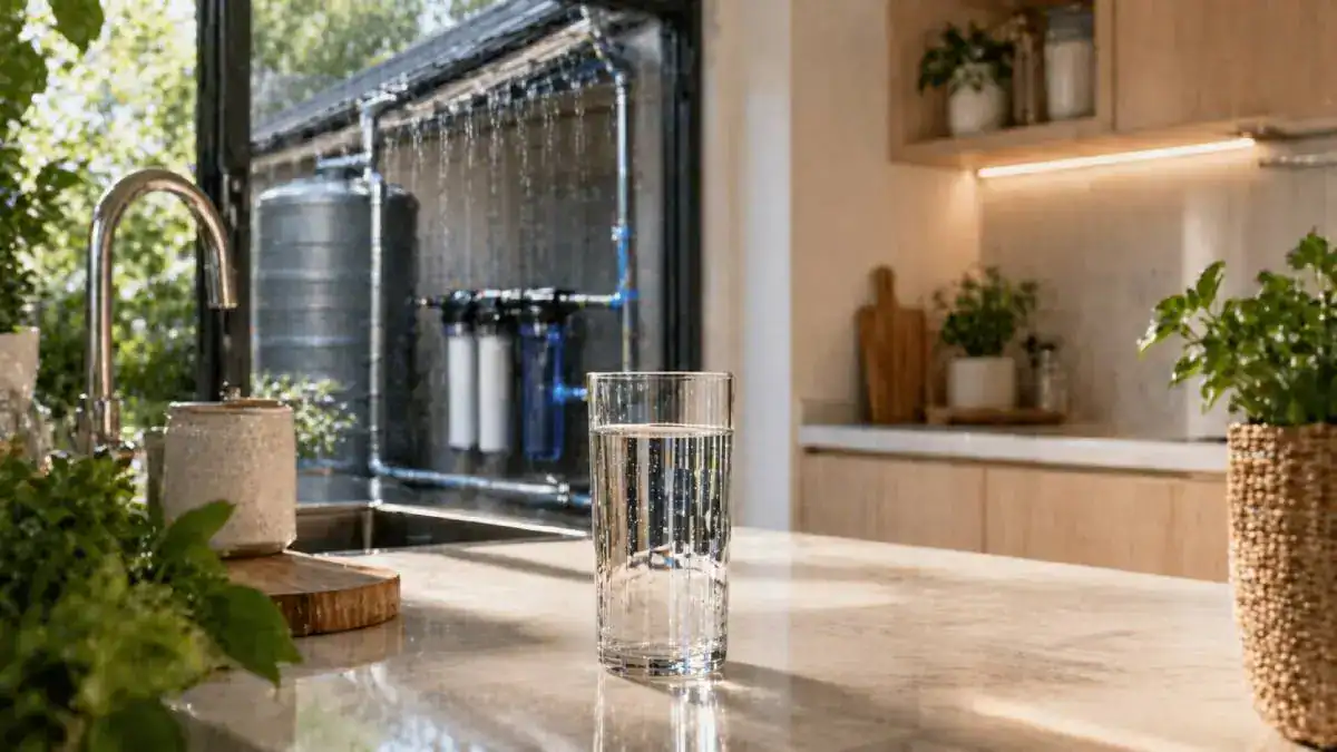 Syst&egrave;me de filtration d&rsquo;eau de pluie dans une maison moderne