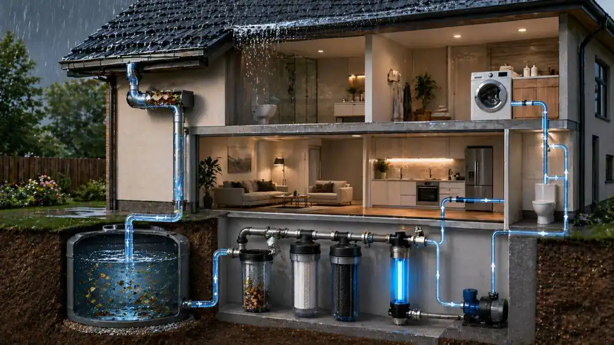 Sch&eacute;ma de filtration compl&egrave;te de l&rsquo;eau de pluie pour la maison