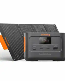 Station &eacute;lectrique Jackery portable 128W avec panneaux solaires.