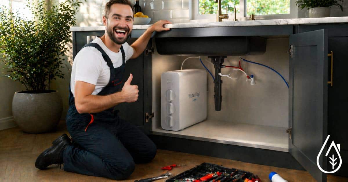 Homme installant un osmoseur Waterdrop sous l'évier, démontrant une installation facile et professionnelle pour une eau pure.