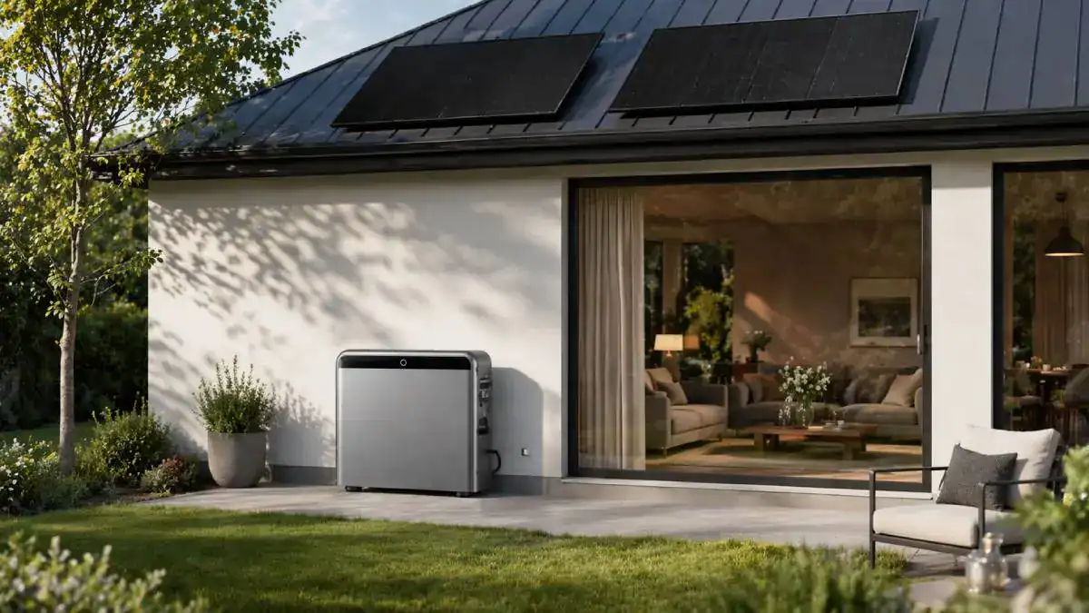 Maison moderne avec Jackery SolarVault 3 Pro et deux panneaux solaires