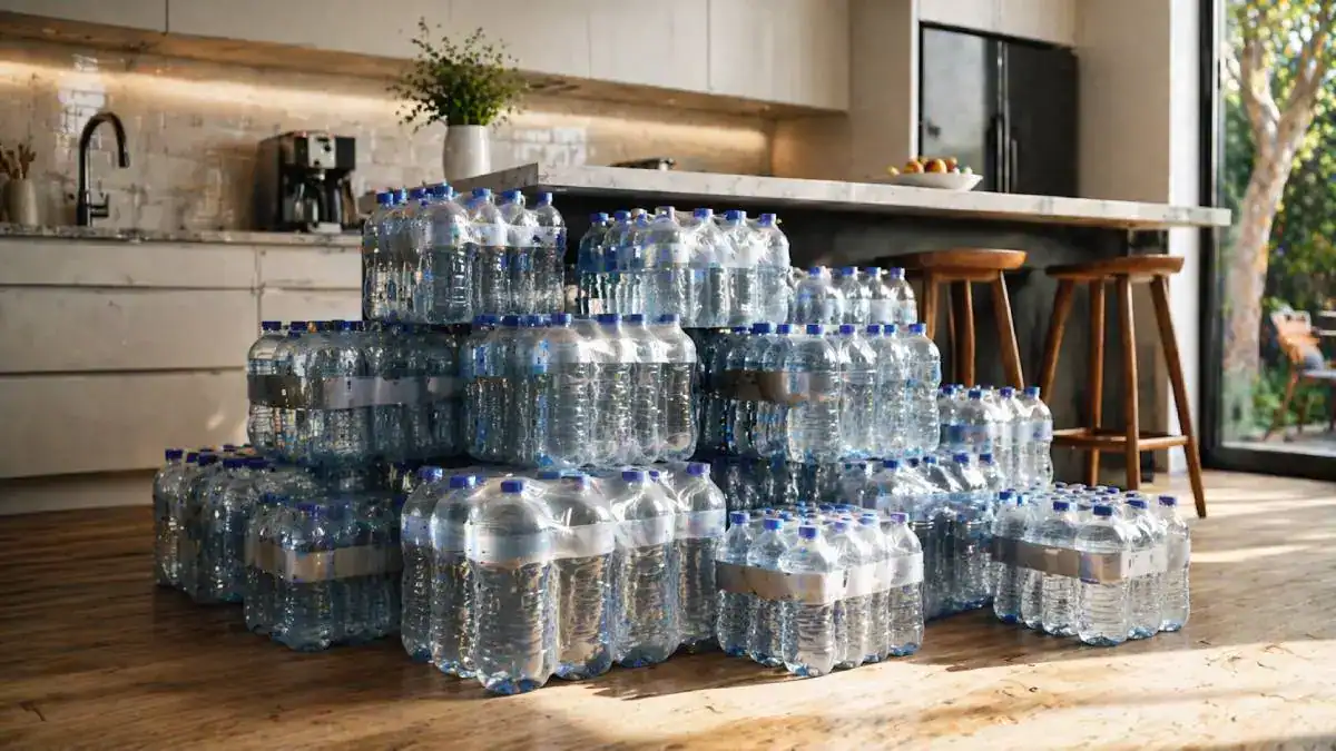 Packs d'eau en bouteille représentant le budget annuel d'une famille