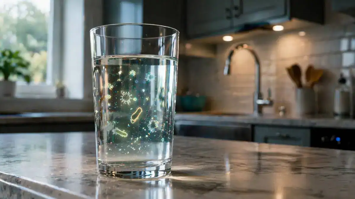 Verre d'eau du robinet face &agrave; des polluants invisibles