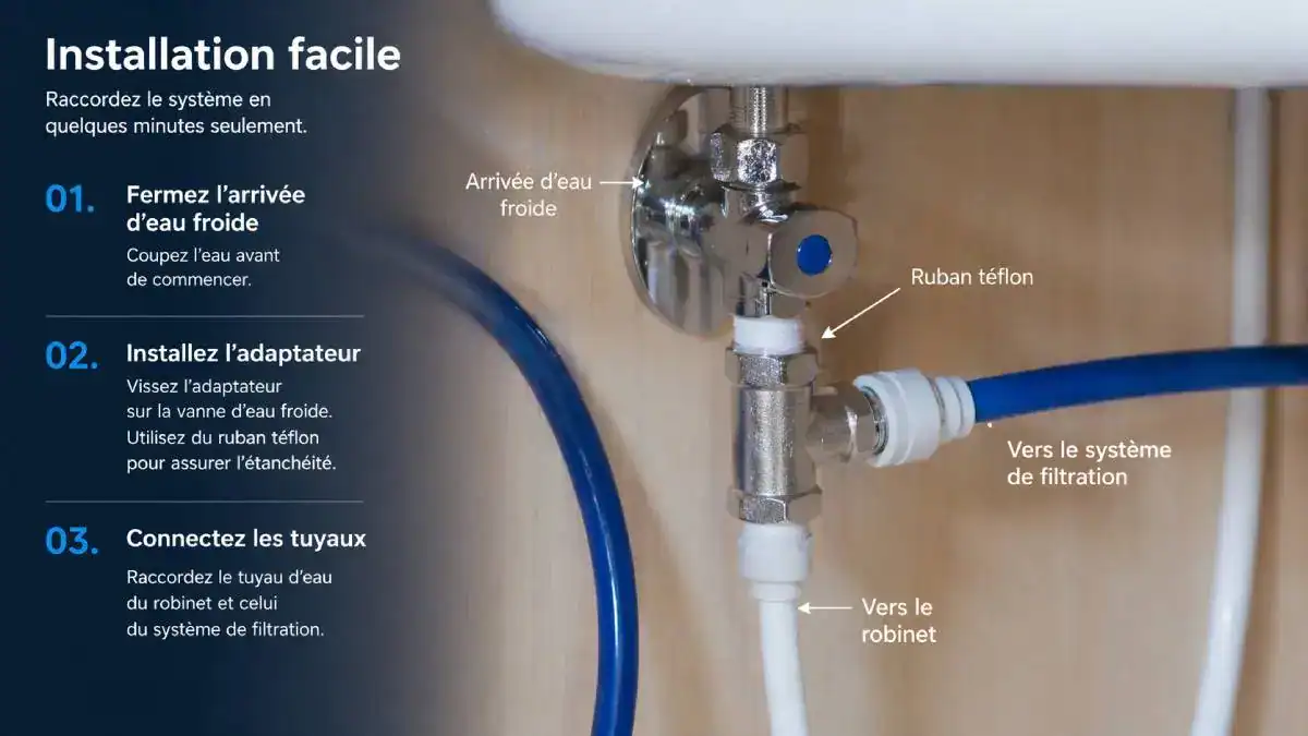 Adaptateur d’arrivée d’eau installé sur la vanne sous évier