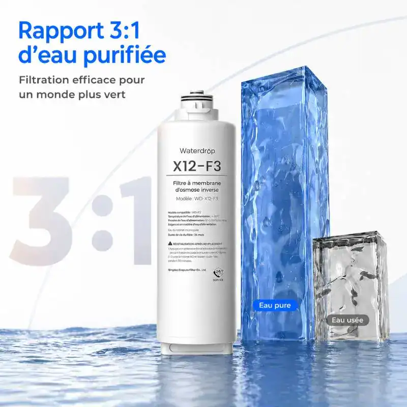 Filtre X12-F3 pour syst&egrave;me d'osmose inverse Waterdrop, haute performance, purification d'eau, filtration efficace, compatible Waterdrop X12, 1200 GPD, &eacute;limine les impuret&eacute;s, eau pure.