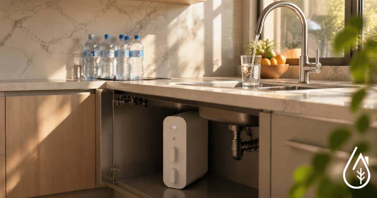 Filtre à eau sous évier dans une cuisine moderne, assurant une eau pure et saine, avec un design discret et pratique pour une utilisation quotidienne.