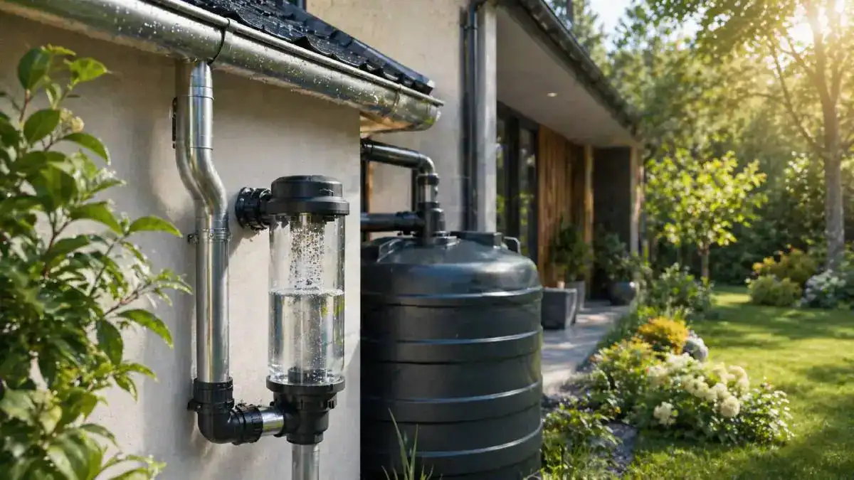 Goutti&egrave;re et cuve de r&eacute;cup&eacute;ration d&rsquo;eau de pluie dans un jardin