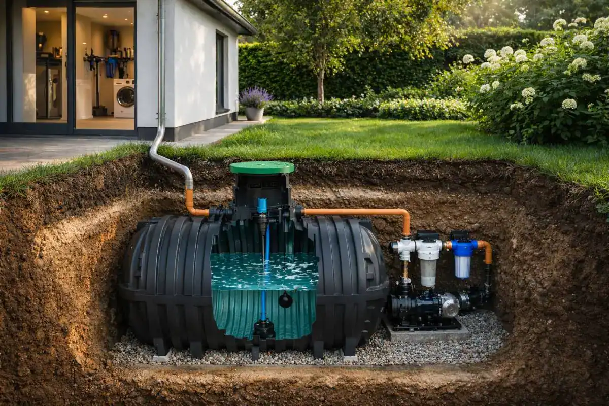 Installation de récupération et filtration d’eau de pluie avec réservoir enterré