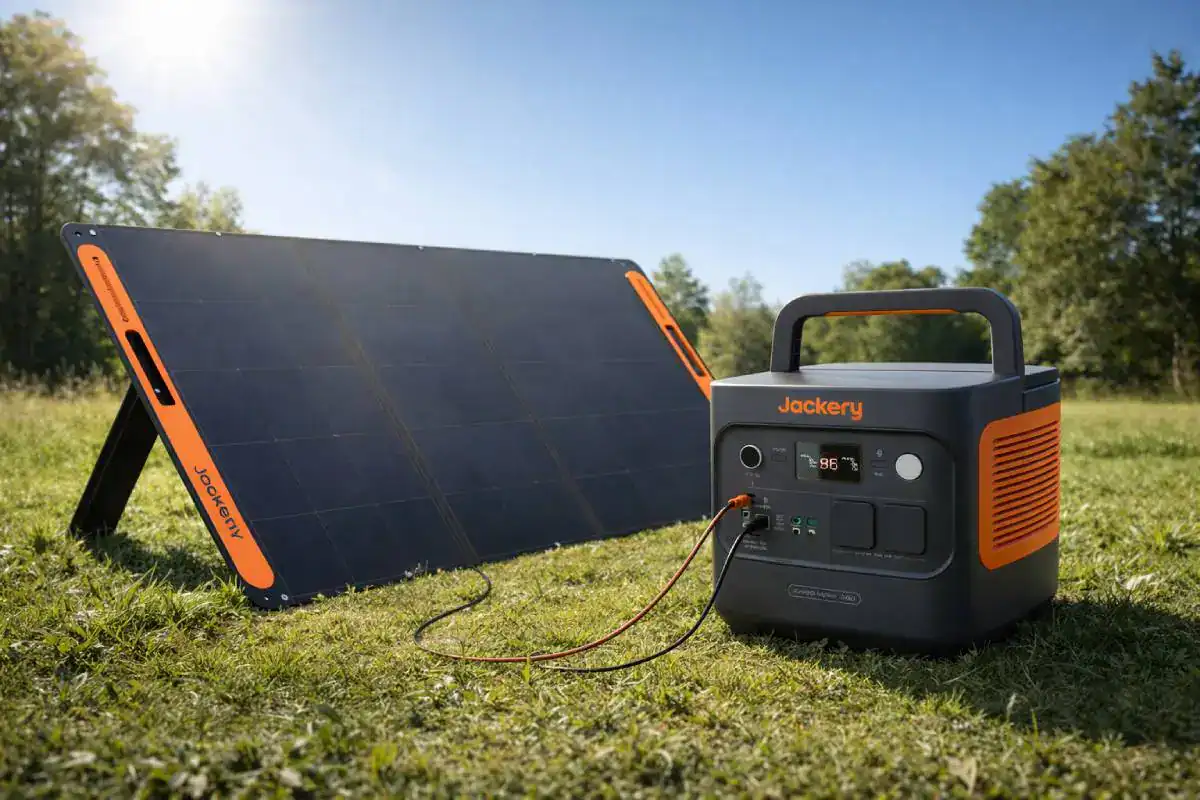 Station &eacute;lectrique Jackery Explorer 2000 v2 avec panneau SolarSaga 200W en ext&eacute;rieur