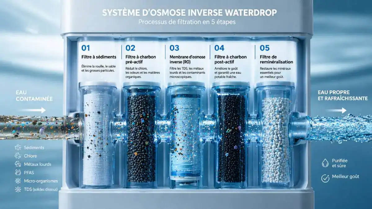 Processus de filtration de l’eau avec osmoseur Waterdrop