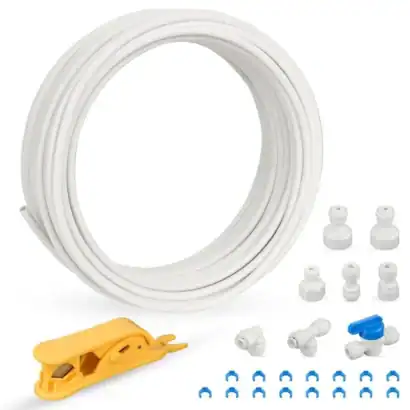 Kit de tube de 15 m&egrave;tres pour r&eacute;frig&eacute;rateur et osmoseur, avec connecteurs et outils d'installation, id&eacute;al pour plomberie et filtration d'eau.