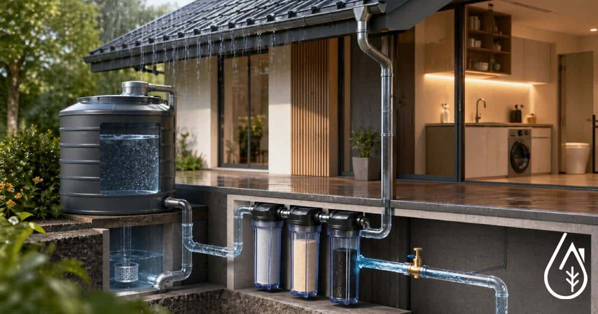 Puits de récupération d'eau pluviale pour systèmes d'irrigation et usages domestiques, installé à l'extérieur d'une maison moderne, avec filtration et stockage pour une gestion durable de l'eau.