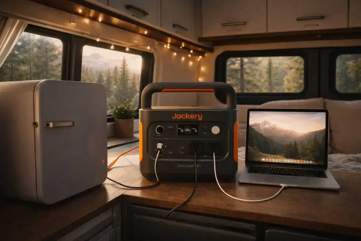 Station &eacute;lectrique en vanlife avec panneaux solaires