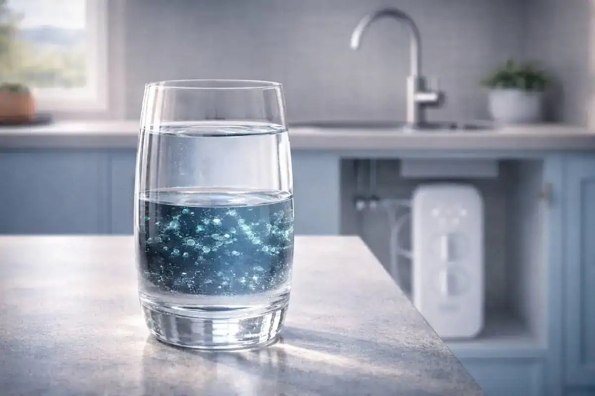 Verre d’eau en cuisine illustrant la recherche d’une eau plus pure avec un osmoseur Waterdrop
