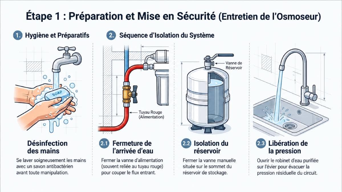 &eacute;tape 1 : La pr&eacute;paration et la mise en s&eacute;curit&eacute; de l'osmoseur