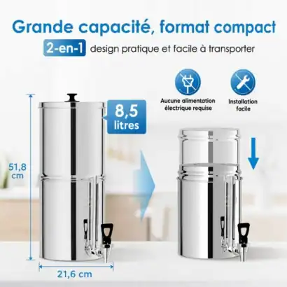 Filtre d'eau par gravit&eacute; Waterdrop 8,5 litres, sans support, facile &agrave; transporter, grande capacit&eacute;, id&eacute;al pour une eau pure et saine.