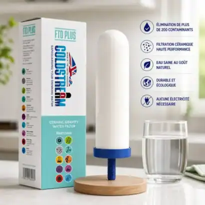 Filtre c&eacute;ramique Coldstream FTO Plus pour purification d'eau, rempla&ccedil;ant le filtre &agrave; gravit&eacute;, &eacute;limine plus de 200 contaminants, durable, &eacute;cologique, sans &eacute;lectricit&eacute;, go&ucirc;t naturel.