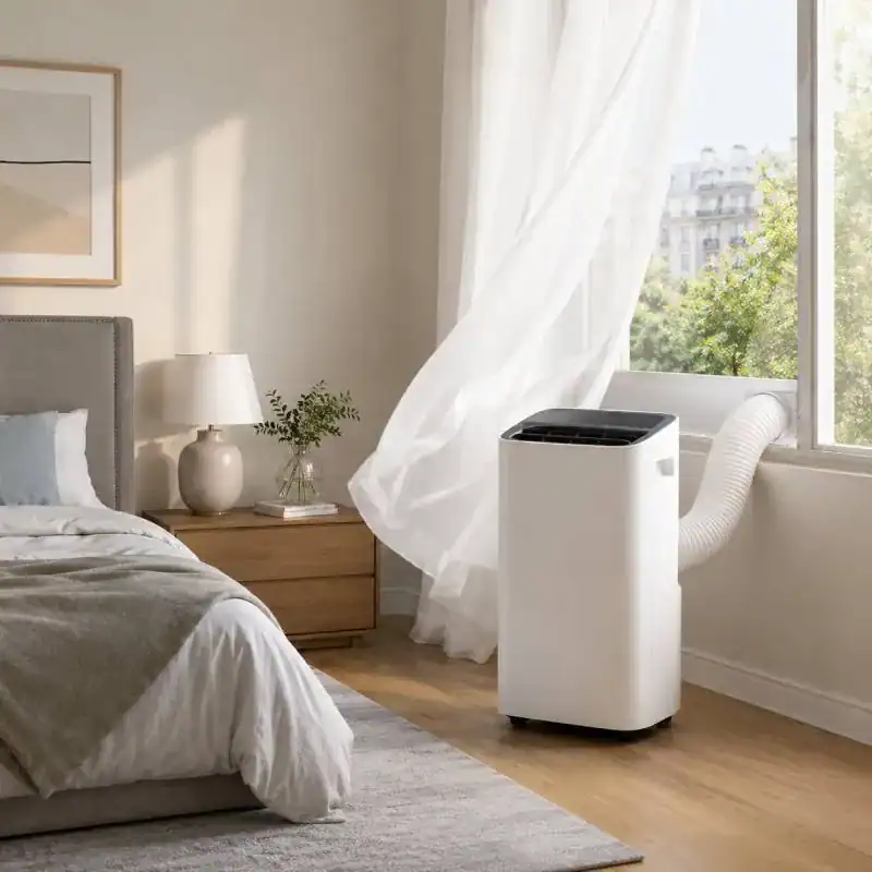 Climatiseur mobile install&eacute; dans une chambre moderne