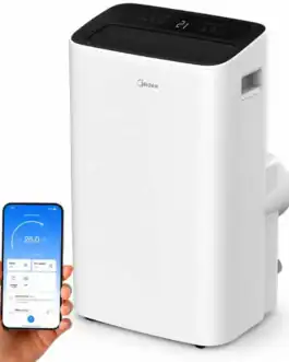 Purificateur d'air Midea blanc avec contrôle via smartphone, idéal pour améliorer la qualité de l'air intérieur dans les espaces professionnels et domestiques.