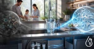 Image illustrant l'entretien et le remplacement des filtres Waterdrop dans une cuisine moderne, mettant en avant la qualit&eacute; de l'eau et la facilit&eacute; d'utilisation.