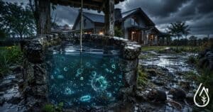 Puits d'eau en pierre avec eau stagnante, illustrant les risques de contamination li&eacute;s &agrave; l'eau de puits, notamment en contexte de risques sanitaires comme le hantavirus.
