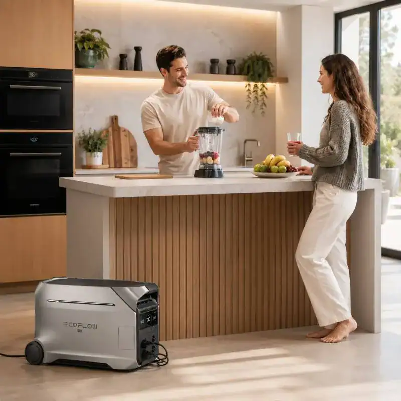 EcoFlow DELTA Pro 3 alimentant plusieurs appareils domestiques dans une cuisine moderne
