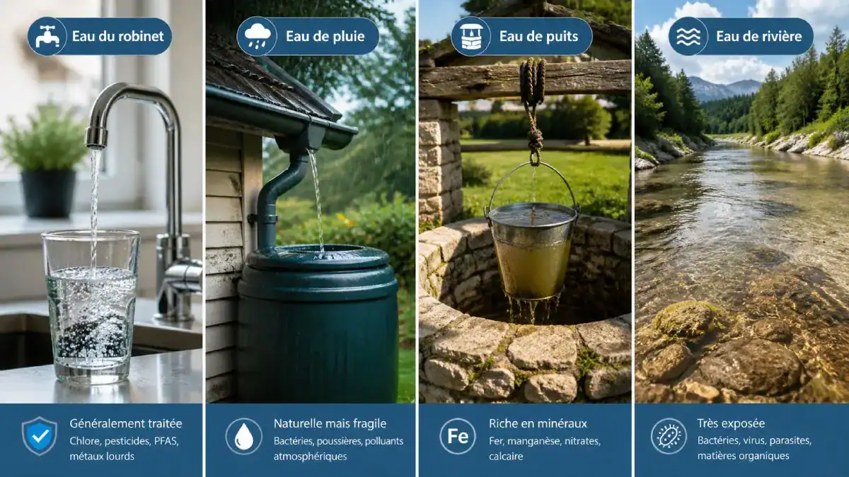 Diff&eacute;rentes sources d'eau et leurs pollutions