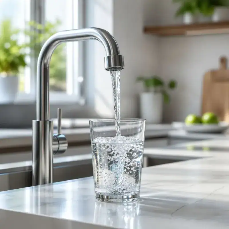 Eau du robinet filtr&eacute;e dans une cuisine moderne