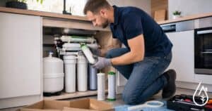 Technicien en maintenance de syst&egrave;me de filtration d'eau sous &eacute;vier, v&eacute;rifiant et rempla&ccedil;ant les filtres pour une eau propre et saine.