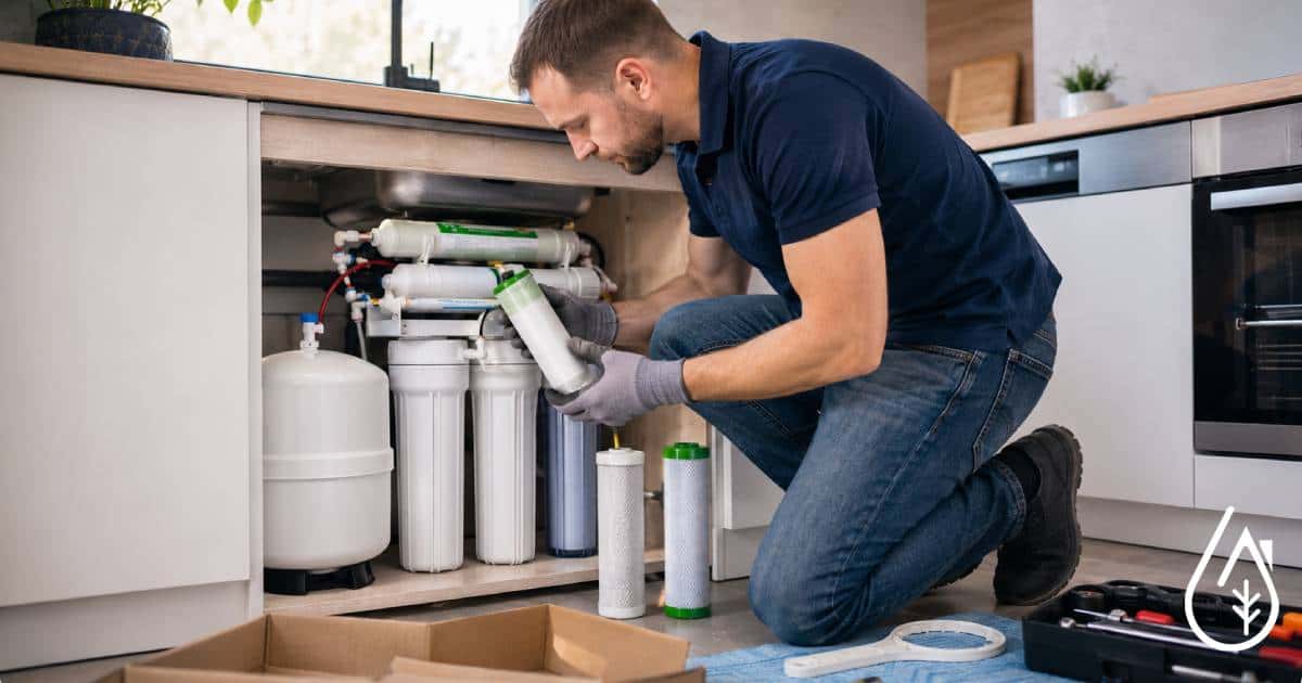 Technicien en maintenance de système de filtration d'eau sous évier, vérifiant et remplaçant les filtres pour une eau propre et saine.