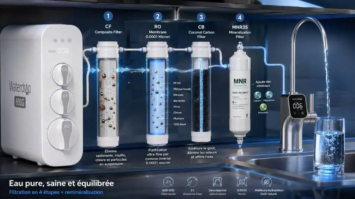 Traitement de l'eau par osmose inverse Waterdrop G3P600 et remin&eacute;ralisation MNR35