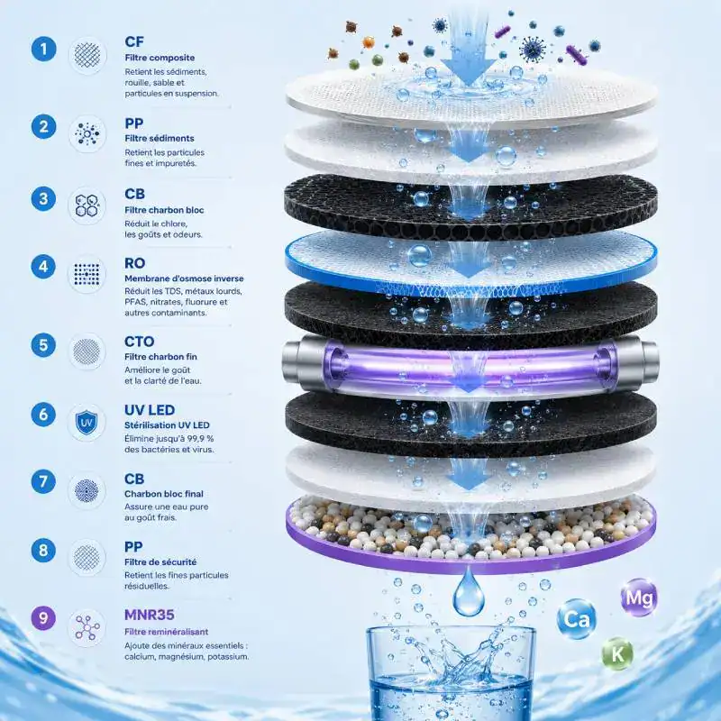 Toutes les &eacute;tapes de filtration de l'eau au travers du G3P800 avec cartouche MNR35