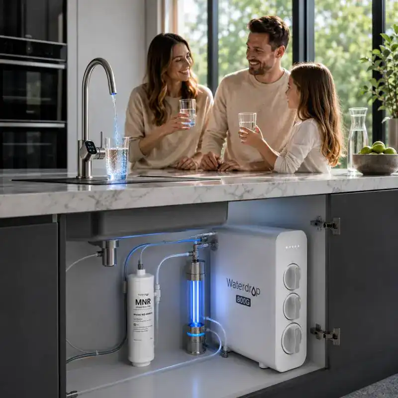 Famille en train de boire une eau avec une remin&eacute;ralisation Waterdrop MNR35