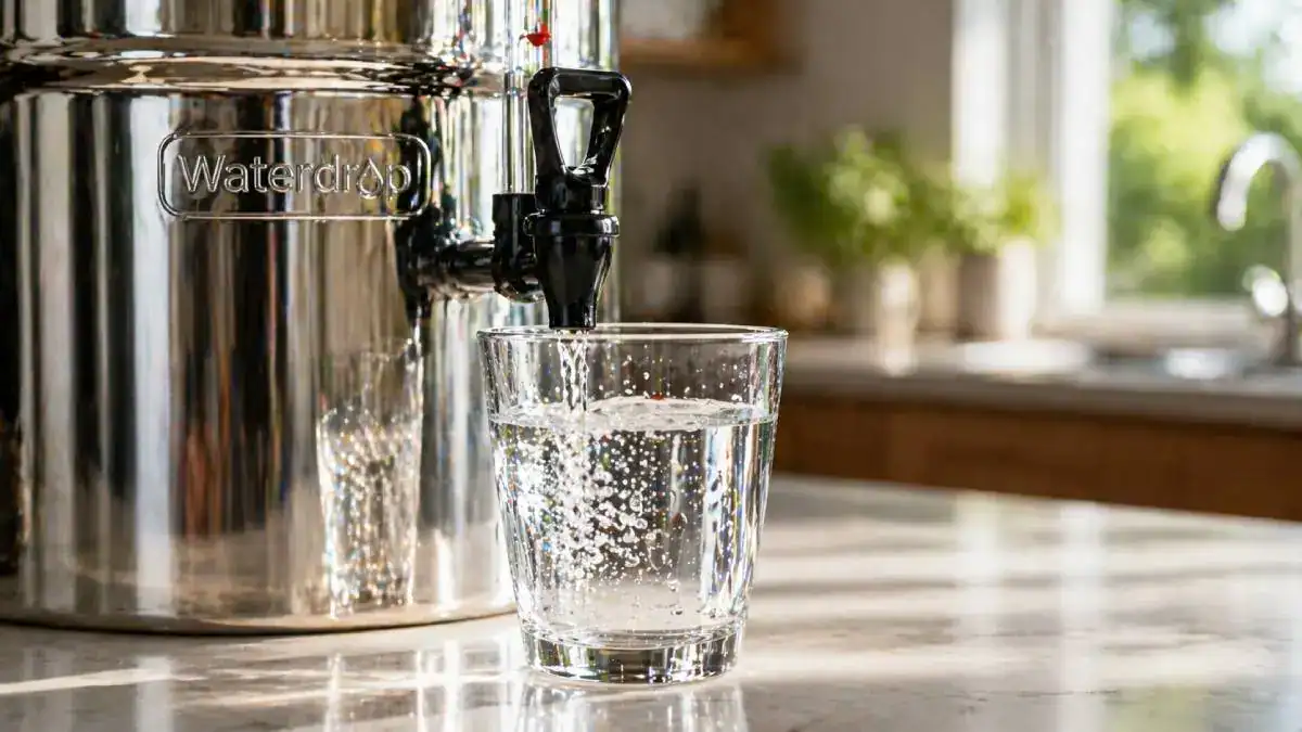 Verre d&rsquo;eau claire filtr&eacute;e par gravit&eacute;