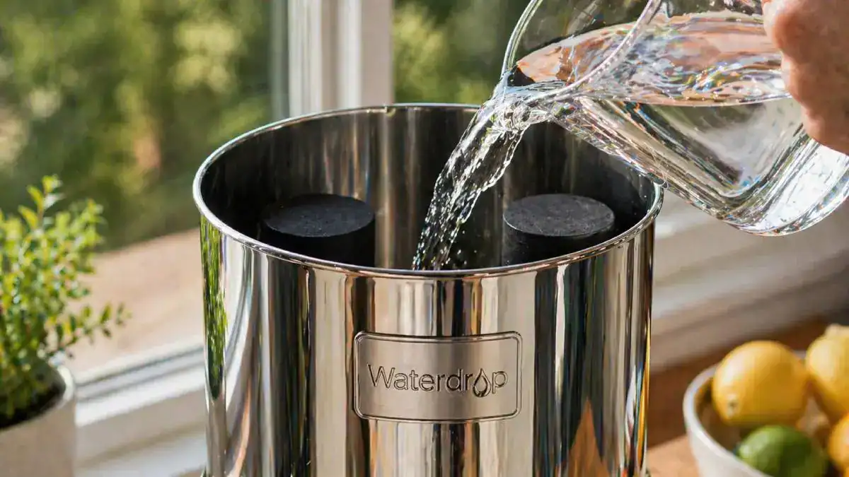 Filtre &agrave; eau par gravit&eacute; install&eacute; dans une cuisine moderne