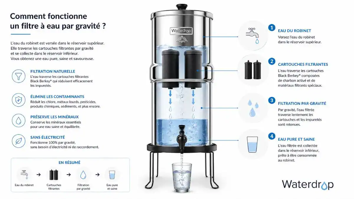 Fonctionnement d&rsquo;un filtre &agrave; eau par gravit&eacute; avec deux cuves