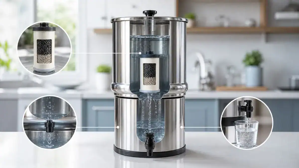 Sch&eacute;ma de fonctionnement d&rsquo;un filtre &agrave; eau par gravit&eacute;