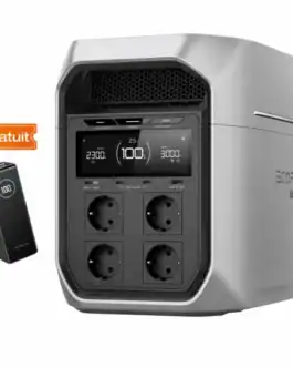 Batterie portable EcoFlow DELTA 3 Max pour alimentation d'urgence et camping. Capacité de 2048 Wh, 2400 W, avec plusieurs prises pour une utilisation polyvalente.