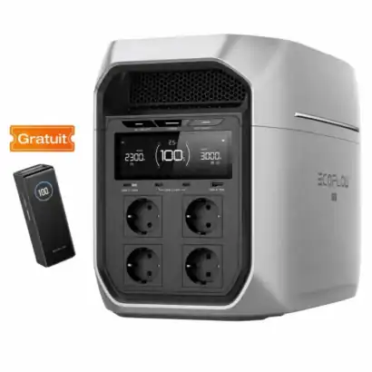 Batterie portable EcoFlow DELTA 3 Max pour alimentation d'urgence et camping. Capacit&eacute; de 2048 Wh, 2400 W, avec plusieurs prises pour une utilisation polyvalente.