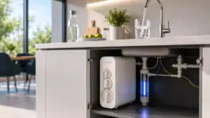 Filtre &agrave; eau sous &eacute;vier avec syst&egrave;me de purification, id&eacute;al pour une eau propre et saine dans la cuisine.