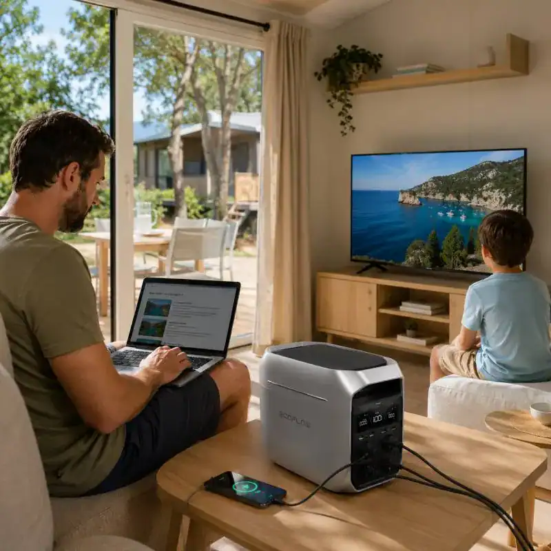 Dans un mobile-home, un p&egrave;re et son fils ont branch&eacute; la t&eacute;l&eacute;vision et l'ordinateur sur le g&eacute;n&eacute;rateur, car ils attendent d'&ecirc;tre branch&eacute; apr&egrave;s leur arriv&eacute;e dans le camping.