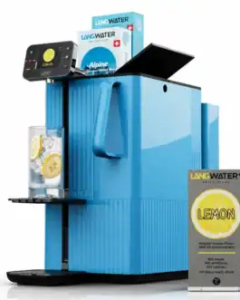 Distributeur d'eau Lang Water avec saveur citron, design moderne en bleu, idéal pour eau minérale et limonade, pour une hydratation saine.