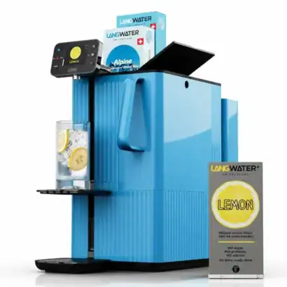 Distributeur d'eau Lang Water avec saveur citron, design moderne en bleu, id&eacute;al pour eau min&eacute;rale et limonade, pour une hydratation saine.