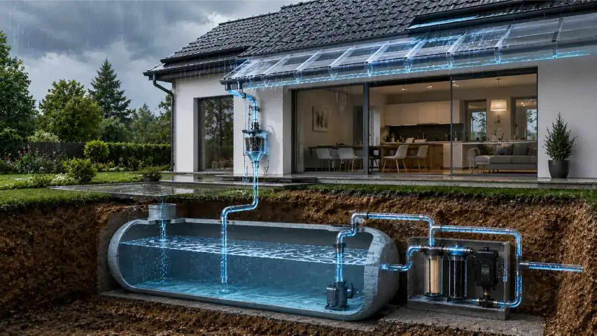 Sch&eacute;ma d&rsquo;un syst&egrave;me de r&eacute;cup&eacute;ration d&rsquo;eau de pluie avec toiture, goutti&egrave;re, cuve, pompe et filtration