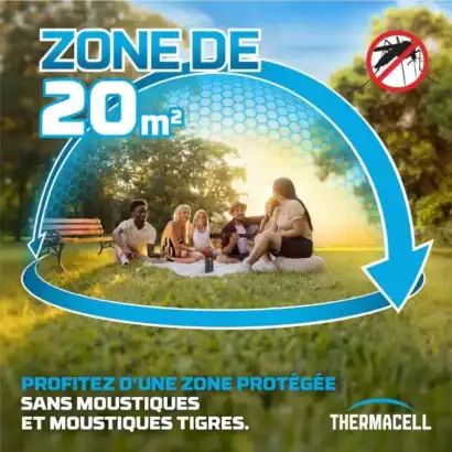 Zone de protection de 20 m&sup2; contre les moustiques et moustiques tigres avec Thermacell E55 rechargeable.