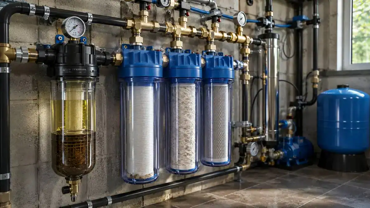 Cha&icirc;ne compl&egrave;te de filtration eau de pluie avec s&eacute;diments charbon actif UV et osmose inverse