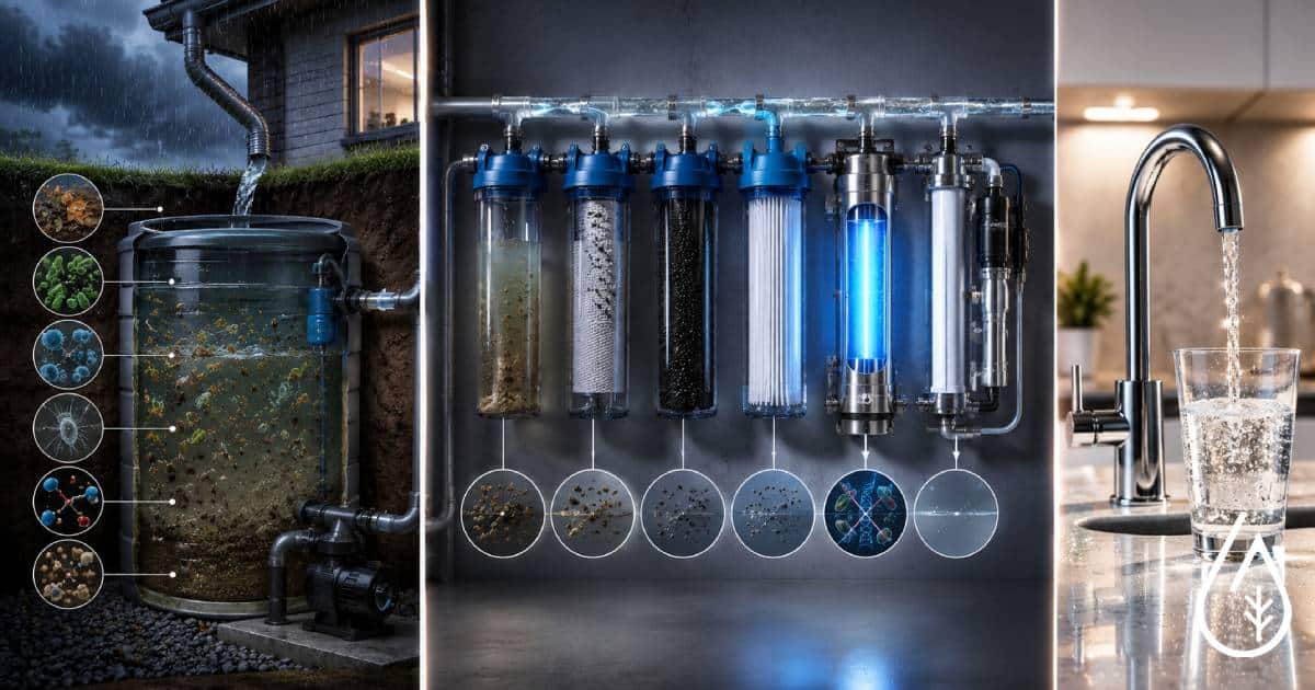 Filtration d'eau professionnelle pour maison et entreprise - Boutique Diproclean Filtration d'eau de pluie domestique et commerciale avec système avancé de purification, comprenant plusieurs filtres à charbon, à sédiments et à UV pour une eau pure et saine.
